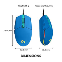 ماوس ألعاب سلكي لوجيتك Logitech G203 Wired Gaming Mouse, 8,000 DPI, Rainbow Optical Effect LIGHTSYNC RGB, 6 Programmable Buttons, On-Board Memory, Screen Mapping, PC/Mac Computer and Laptop Compatible - Blue