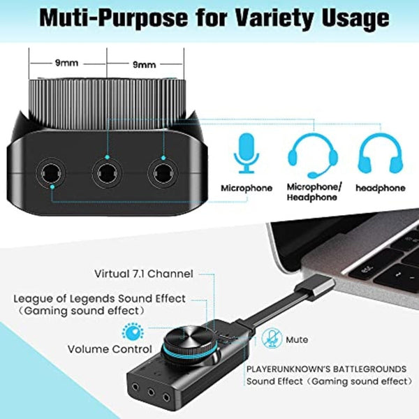 محول صوت خارجي بينغو USB Sound Card Adapter BENGOO 7.1 Channel External Audio Adapter Stereo Sound Card Converter 3.5mm AUX Microphone Jack for Gaming Headset Earphone PS4 Laptop Desktop Windows Mac OS Linux, Plug Play