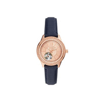 ساعة فوسيل النسائية الأوتوماتيكية Fossil Women's Stella Automatic Stainless Steel and Eco Leather Three-Hand Skeleton Watch, Color: Rose Gold, Navy (Model: ME3212)