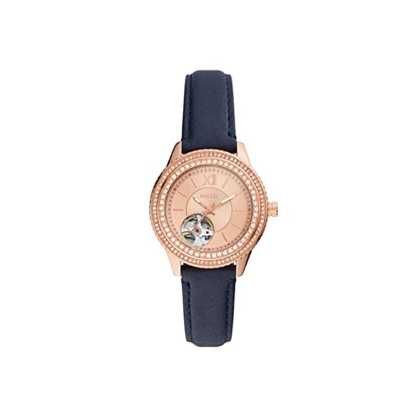 ساعة فوسيل النسائية الأوتوماتيكية Fossil Women's Stella Automatic Stainless Steel and Eco Leather Three-Hand Skeleton Watch, Color: Rose Gold, Navy (Model: ME3212)