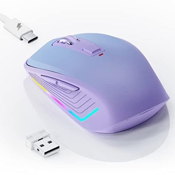 ماوس لاسلكي Wireless Mouse,RGB Bluetooth Mouse,2.4G Slim Rechargeable Computer Mice for Laptop,USB Cordless Computer Mouse with 6 Buttons,3 Adjustable 1600 DPI for Macbook Pro/Air,Notebook,PC,Chromebook - Purple