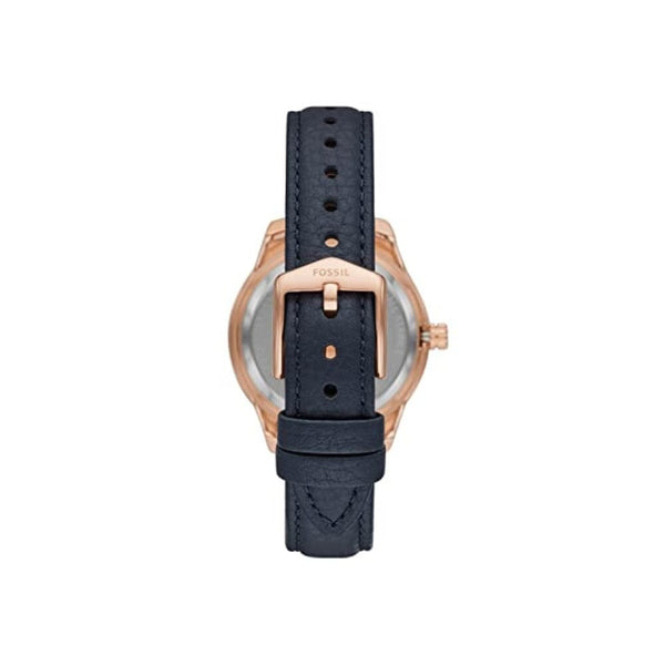 ساعة فوسيل النسائية الأوتوماتيكية Fossil Women's Stella Automatic Stainless Steel and Eco Leather Three-Hand Skeleton Watch, Color: Rose Gold, Navy (Model: ME3212)