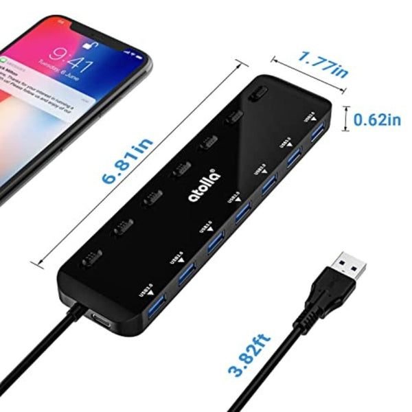 موزع أتولا 7 منافذ atolla 7-Port USB 3.0 Hub Splitter, USB Extender Ultra Slim Data USB Hub with Individual Power Switch and LEDs