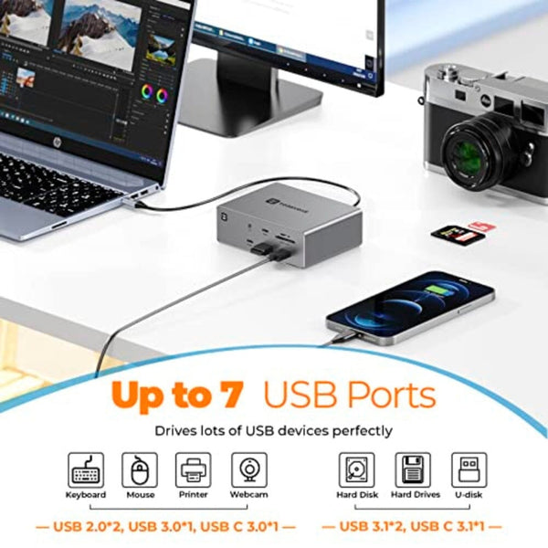 محطة ارساء يو اس بي المزدوجة لشاشة  USB C Docking Station Dual Monitor for Dell/HP/Lenovo/Surface, TOBENONE 14-in-1 USB-C Laptop Docking Station with Dual 4K HDMI, 65W Power Delivery, 7 USB Port(10Gbps), Gigabit Ethernet, Audio, SD/TF