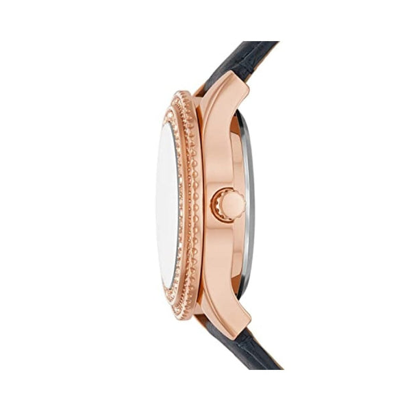 ساعة فوسيل النسائية الأوتوماتيكية Fossil Women's Stella Automatic Stainless Steel and Eco Leather Three-Hand Skeleton Watch, Color: Rose Gold, Navy (Model: ME3212)