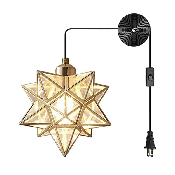 مصباح معلق على شكل نجمة AECBUY Gold Ceiling Pendant Hanging Lamp, Metal and Clear PVC Star Pendant Light, Vintage Hanging Lamp Plug in Cord and Switch for Dining Room Living Room Bedroom