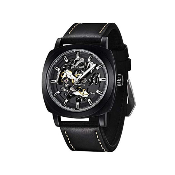 ساعة بينيار رجالية ميكانيكية Benyar Automatic Watches for Men | Skeleton Mechanical Leather Strap Mens Watch | 45mm Dial | 30M Waterproof | Men's Stylish Gift