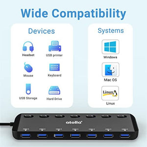 موزع أتولا 7 منافذ atolla 7-Port USB 3.0 Hub Splitter, USB Extender Ultra Slim Data USB Hub with Individual Power Switch and LEDs