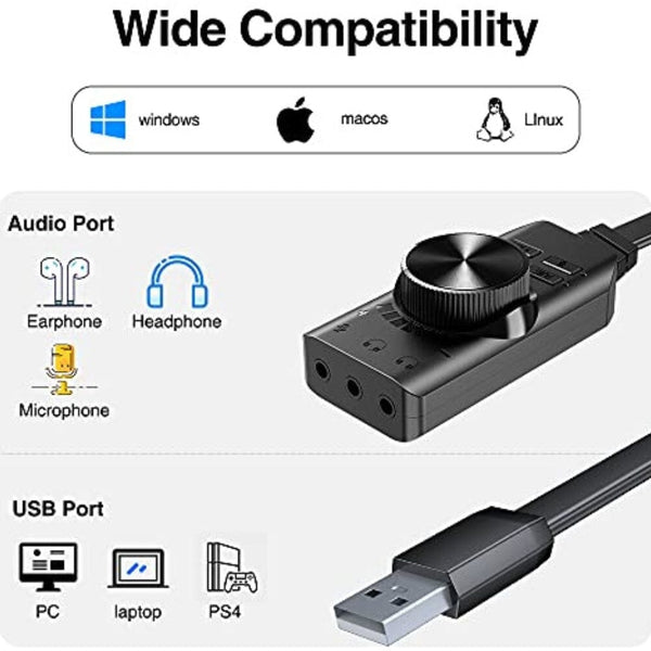 محول صوت خارجي بينغو USB Sound Card Adapter BENGOO 7.1 Channel External Audio Adapter Stereo Sound Card Converter 3.5mm AUX Microphone Jack for Gaming Headset Earphone PS4 Laptop Desktop Windows Mac OS Linux, Plug Play