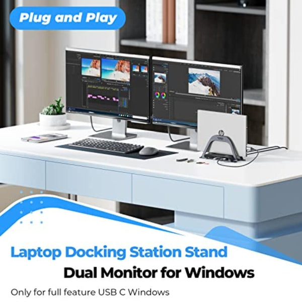 حامل قاعدة كمبيوتر 4URPC Laptop Docking Station Stand, USB C Docking Station Dual Monitor, USB C Dock Vertical Stand with 2 HDMI Ports, 3 USB Ports, SD/TF, PD3.0, RJ45 Ethernet, 3.5mm Audio for Dell/Hp/Lenovo/Surface