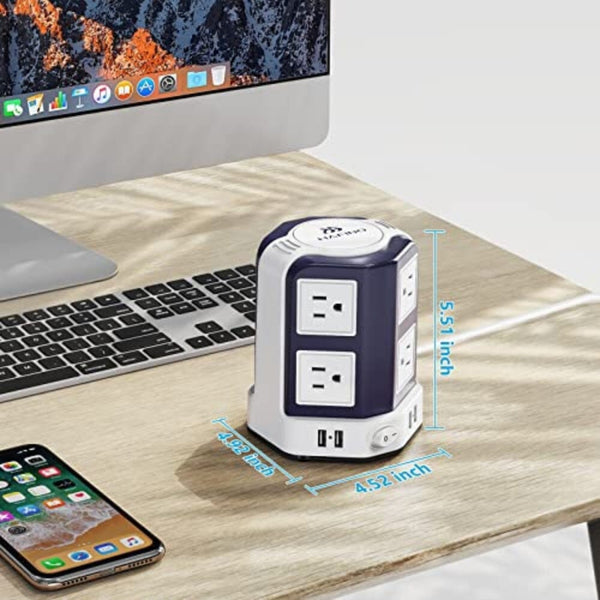 محطة شحن مكتبية ذات قابس مسطح  Tower Surge Protector Power Strip 10 FT Cord with USB Ports, HAFINO Extension Cord with Multiple Outlets, 8 Outlets with 4 USB Ports, Flat Plug Desk Charging Station, Home Office Dorm Room Essentials