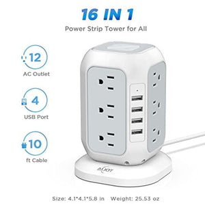 USB  محطة شحن سريع  Power Strip Tower, AiJoy Surge Protector with 12 AC Outlets and 4 USB Ports, 10 FT Extension Cord, USB Fast Charging Station with Overload Protection, Office Supplies, Dorm Essentials,Desk Accessories