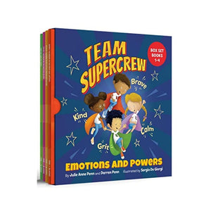  ساعد الأطفال في التغلب على المشاعر الكبيرة (الغضب الخوف الإحباط الحزن) Team Supercrew - Emotions and Powers - 4 Book Box Set (books 1-4): Help kids through big emotions (anger, fear, frustration, sadness). Discover the power to be brave, be kind, be calm, and have grit!