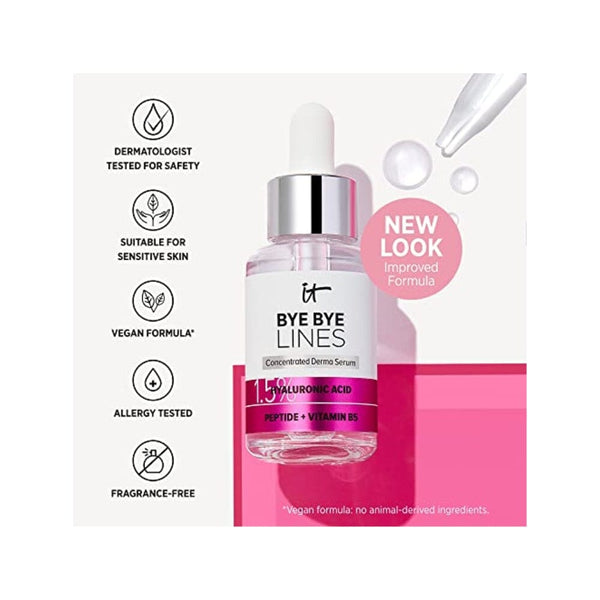 مصل حمض الهيالورونيك - يملأ البشرة وينعم الخطوط الدقيقة بشكل واضح  IT Cosmetics Bye Bye Lines 1.5% Hyaluronic Acid Serum - Visibly Plumps Skin & Smooths Fine Lines In 2 Weeks - With Peptide + Vitamin B5 - For All Skin Types - Vegan Formula - 1 fl oz