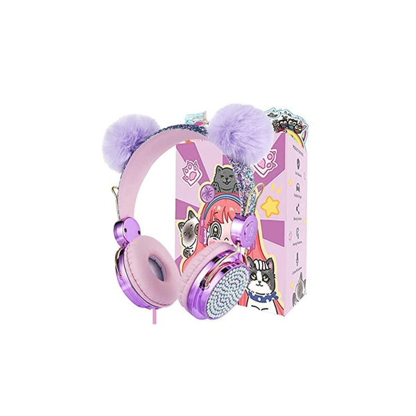 سماعات بوم للأطفال مع ميكروفون Kids Pom Headphones with Mic for Travel/Car/Plane,Added 85DB Limit Function&Shareport,Unicorns Gifts for Girls,On/Over Ear HD Stereo Wired Headsets with Nylon Cable-Hot-purple