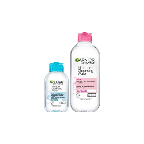 ماء ميسيلار منظف لجميع أنواع البشرة Garnier SkinActive Micellar Cleansing Water, For All Skin Types, 13.5 fl oz + Micellar Cleansing Water, For Waterproof Makeup, 3.4 fl oz