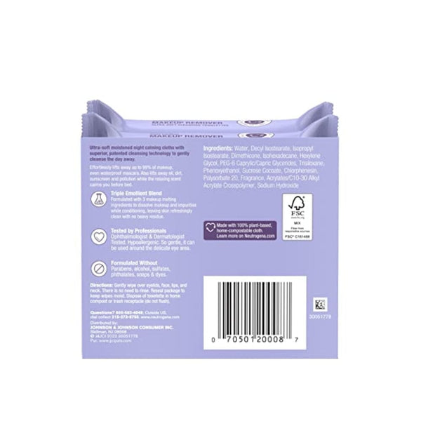 مناديل تنظيف مهدئة ومزيلة للمكياج من نيوتروجينا Neutrogena Makeup Remover Night Calming Cleansing Towelettes, Disposable Nighttime Face Wipes to Remove Dirt, Oil & Makeup, 25 ct, Twin Pack