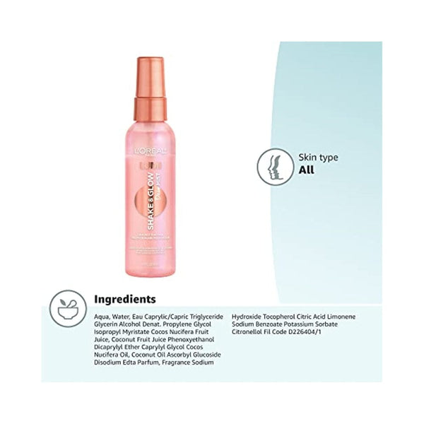 لوريال باريس رذاذ مرطب ومهدئ للوجه إعداد وتثبيت المكياج L'Oreal Paris Makeup LUMI Shake and Glow Dew Mist, Hydrating and Soothing Face Mist, Prep and Set Makeup, Energizes Skin with a Healthy Boost of Hydration, Natural Finish, 3 fl; oz.