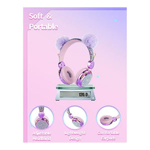 سماعات بوم للأطفال مع ميكروفون Kids Pom Headphones with Mic for Travel/Car/Plane,Added 85DB Limit Function&Shareport,Unicorns Gifts for Girls,On/Over Ear HD Stereo Wired Headsets with Nylon Cable-Hot-purple
