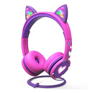 سماعات رأس للأطفال مع آذان قطط FosPower Kids Headphones with LED Cat Ears, 3.5mm On-Ear Wired Headset with Laced Cables for iPad/Smartphones/PC/Kindle/Tablet/Laptop/School (Max Volume 85dB) - Hot Pink/Purple