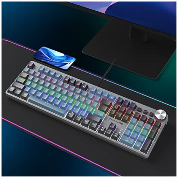 لوحة مفاتيح ميكانيكية للألعاب 104 مفتاح Mechanical Gaming Keyboard, 104 Keys Full Size Rainbow Backlit Keyboard with Blue Switch, Full Anti-Ghosting, Multimedia Knob & Keys, Light Up Wired Computer Keyboard for PC Laptop Gamer, Black&Gray