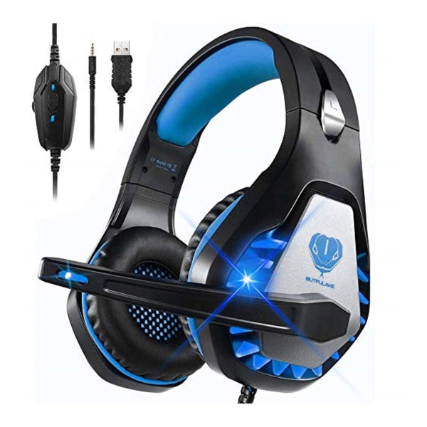 سماعة رأس ستيريو للألعاب لنينتندو سويتش DIWUER Stereo Gaming Headset for Nintendo Switch, PS4, Xbox One with Noise Cancelling Mic, Soft Earmuffs Surround Sound Over Ear Headphones with LED Light for PC, Mac, Laptop (Blue)