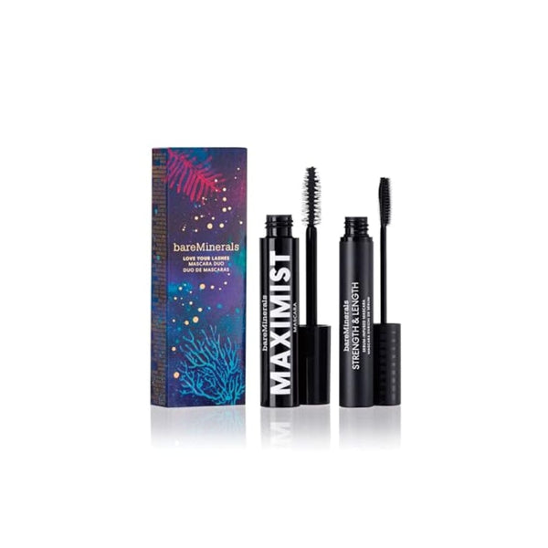 إصدار محدود من ماسكارا bareMinerals Limited Edition Love Your Lashes Mascara Duo, MAXIMIST Phyto-Fiber Volumizing Mascara, STRENGTH & LENGTH Serum-Infused Mascara, Full-Size, Set of 2