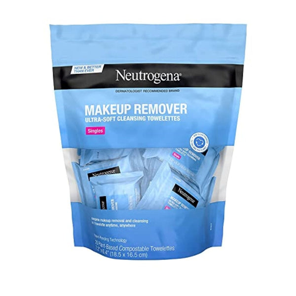 منديل تنظيف مزيل المكياج من نيوتروجينا Neutrogena Makeup Remover Cleansing Towelette Singles, Daily Face Wipes to Remove Dirt, Oil, Makeup & Waterproof Mascara, Individually Wrapped, 20 ct (Pack of 3)