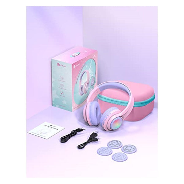 ترانس نوفا سماعات بلوتوث للأطفال iClever TransNova Kids Bluetooth Headphones, LED Lights Up, Replaceable Plate, 74/85/94dB Volume Limited, 45H Playtime, Stereo Sound, Kids Headphones Wireless with Case for Travel iPad Tablet, Pink