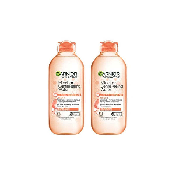 ماء التقشير اللطيف مع وحمض الجليكوليك ومنظف الوجه ومزيل المكياج عبوتان Garnier SkinActive Micellar Gentle Peeling Water with 1% PHA and Glycolic Acid, Facial Cleanser and Makeup Remover, 2 Pack