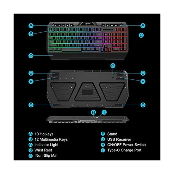 لوحة مفاتيح لاسلكية للألعاب مع مسند للمعصم NPET K32 Wireless Gaming Keyboard RGB with Wrist Rest - Long-Lasting Rechargeable Battery - Quick and Quiet Typing - Water Resistant Backlit Wireless Keyboard for PC PS5 PS4 Xbox One Mac - Black