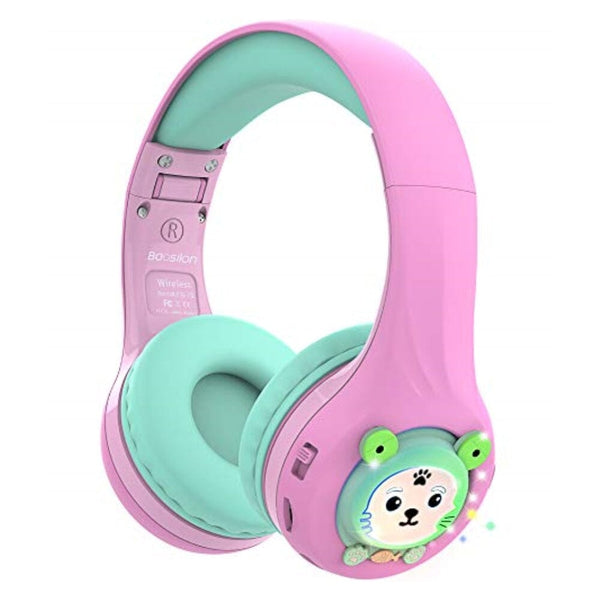 سماعات رأس للأطفال الصغار للمدرسة مع ميكروفون Riwbox Kids Bluetooth Headphones, Baosilon FB-7S Frog Kids Toddler Headphones for School with Mic, 75/85/95dB Volume Limited Light Up Wireless Headphones Over Ear for Girls (Pink&Green)