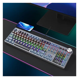 لوحة مفاتيح ميكانيكية للألعاب 104 مفتاح Mechanical Gaming Keyboard, 104 Keys Full Size Rainbow Backlit Keyboard with Blue Switch, Full Anti-Ghosting, Multimedia Knob & Keys, Light Up Wired Computer Keyboard for PC Laptop Gamer, Gray&Black