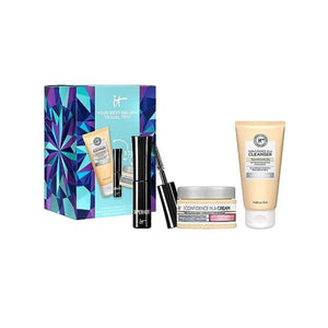 مجموعة هدايا ثلاثية الحجم للسفر من آي تي كوزمتكس IT Cosmetics Best-Selling Travel Size Trio Gift Set – 3-Piece Eye Makeup + Facial Skincare Kit – Includes Face Moisturizer, Cleanser & Volumizing & Lengthening Black Mascara – Travel Mini Favorites