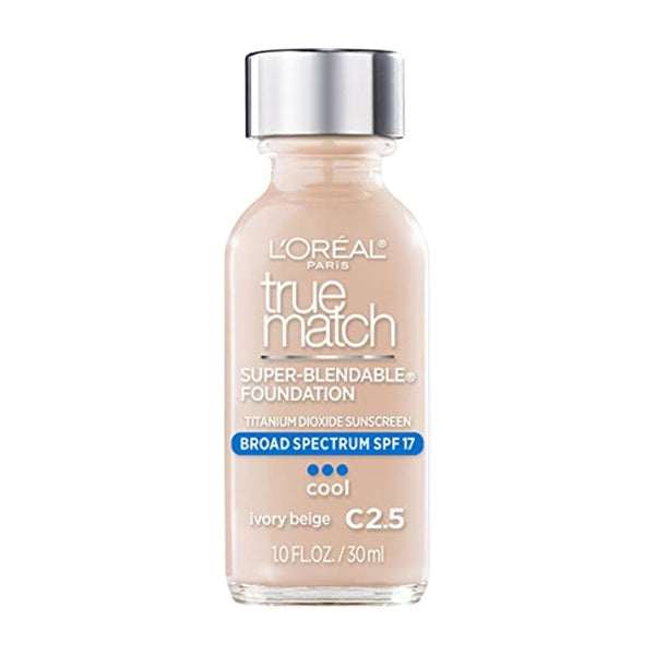 كريم أساس سائل قابل للدمج من لوريال باريس ميك أب ترو ماتش بيج عاجي L'Oreal Paris Makeup True Match Super-Blendable Liquid Foundation, Ivory Beige C2.5, 1 Fl Oz,1 Count