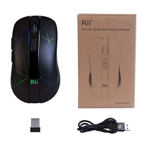 ماوس لاسلكي للألعاب Rii Wireless Mouse, RM200 Rechargeable Gaming Wireless Mouse with Colorful RGB Led,Light up led Wireless Mouse with 2.4G USB Nano Receiver,3 Adjustable DPI Levels for Notebook,PC,Computer-Black