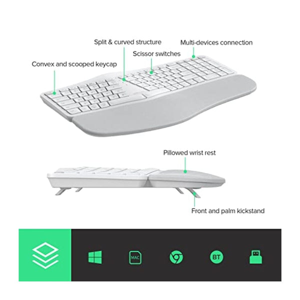 لوحة مفاتيح مريحة مطورة لاسلكية DeLUX Ergonomic Keyboard, Upgraded Wireless Ergo Split Keyboard with Backlit, 2.4G and Bluetooth, Scissor Switch and Palm Rest for Natural Typing, Compatible with Windows and Mac OS (GM902Pro-White)