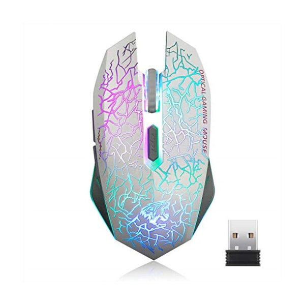 ماوس ألعاب لاسلكي بصري قابل لإعادة الشحن TENMOS M2 Wireless Gaming Mouse, Silent Rechargeable Optical USB Computer Mice Wireless with 7 Color LED Light, Ergonomic Design, 3 Adjustable DPI Compatible with Laptop/PC/Notebook, 6 Buttons (White)