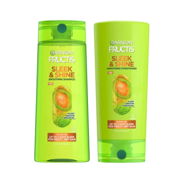 مجموعة شامبو + بلسم للشعر المجعد والجاف والكيراتين النباتي + زيت الأرغان Garnier Fructis Sleek & Shine Shampoo (22 Fl Oz) + Conditioner (21 Fl Oz) Set for Frizzy, Dry Hair, Plant Keratin + Argan Oil (2 Items), 1 Kit (Packaging May Vary)