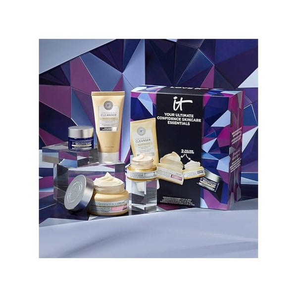 مجموعة هدايا العناية بالبشرة IT Cosmetics Your Ultimate Confidence Essentials Skincare Gift Set – 4-Piece Anti-Aging Skincare Kit – Includes Face Moisturizer, Eye Cream, Night Cream & Cleanser – Full Size & Travel Favorites