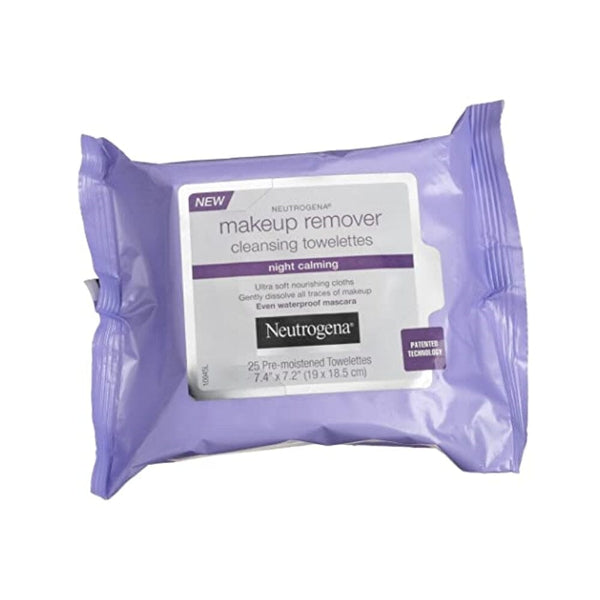 مناديل تنظيف مهدئة ومزيلة للمكياج من نيوتروجينا Neutrogena Makeup Remover Night Calming Cleansing Towelettes, Disposable Nighttime Face Wipes to Remove Dirt, Oil & Makeup, 25 ct (Pack of 2)