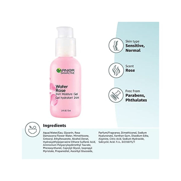 جل مرطب 24 ساعة مع ماء الورد وحمض الهيالورونيك Garnier SkinActive Water Rose 24H Moisture Gel with Rose Water and Hyaluronic Acid, Face Moisturizer for Normal to Combination Skin, 2.4 Fl Oz (72mL), 1 Count (Packaging May Vary)