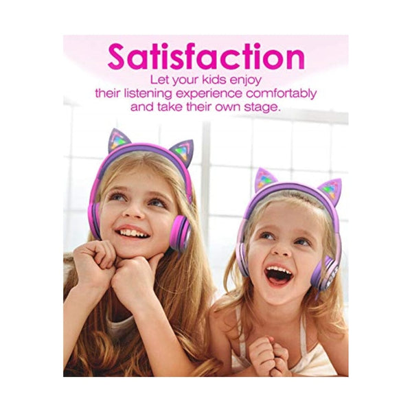 سماعات رأس للأطفال مع آذان قطط FosPower Kids Headphones with LED Cat Ears, 3.5mm On-Ear Wired Headset with Laced Cables for iPad/Smartphones/PC/Kindle/Tablet/Laptop/School (Max Volume 85dB) - Hot Pink/Purple