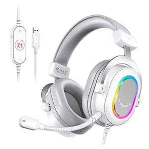 سماعة الألعاب سماعات رأس للكمبيوتر الشخصي سلكي FIFINE USB Gaming Headset, PC Headphones Wired with Microphone for Computer/Laptop/PS4, Over-Ear RGB Headset with 7.1 Surround Sound, Noise Cancellation for Streaming Video Game- AmpliGame H6 (White)