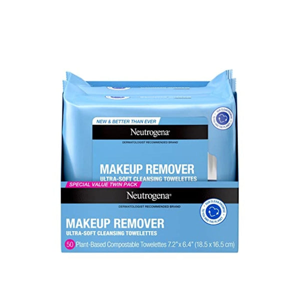 مناديل تنظيف الوجه لإزالة المكياج من نيوتروجينا Neutrogena Makeup Remover Cleansing Face Wipes, Daily Cleansing Facial Towelettes to Remove Waterproof Makeup and Mascara, Alcohol-Free, Value Twin Pack, 25 count, 2 Pack