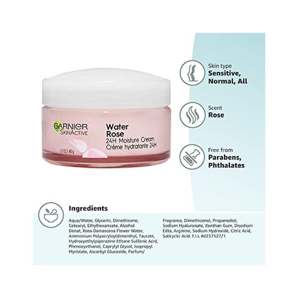 كريم مرطب بماء الورد ومرطب للوجه بحمض الهيالورونيك للبشرة العادية إلى الجافة Garnier SkinActive 24H Moisture Cream with Rose Water and Hyaluronic Acid, Face Moisturizer for Normal to Dry Skin, 1.7 Fl Oz (48g), 1 Count (Packaging May Vary)