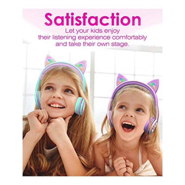 سماعات رأس للأطفال مع آذان قطط FosPower Kids Headphones with LED Cat Ears, 3.5mm On-Ear Wired Headset with Laced Cables for iPad/Smartphones/PC/Kindle/Tablet/Laptop/School (Max Volume 85dB) - Teal/Light Purple