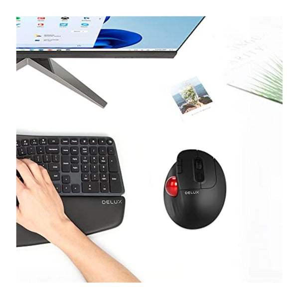 ماوس كرة دوارة لاسلكي مريح DeLUX Bluetooth Trackball Mouse, Wireless Ergonomic Rollerball Mouse with 2400DPI, Smooth Easy Thumb Control, 3 Devices Connection, Red Ball, Compatible for Windows, PC, Mac (MT1-Black)