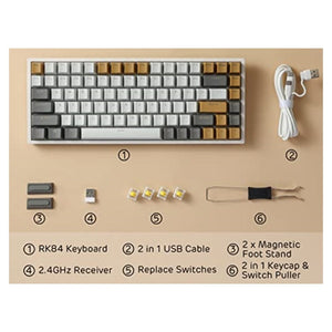 لوحة مفاتيح ميكانيكية قابلة للتبديل السريع RK ROYAL KLUDGE RK84 RGB Limited Ed, 75% Triple Mode BT5.0/2.4G/USB-C Hot Swappable Mechanical Keyboard, 84 Keys Wireless Bluetooth Gaming Keyboard, RK Yellow Switch, Macchiato White