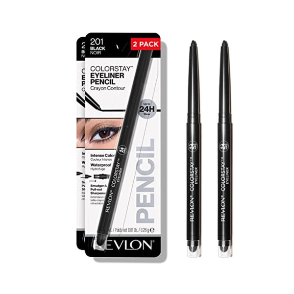 قلم كحل مع مبراة مدمجة مقاومة للماء  Revlon ColorStay Pencil Eyeliner with Built-in Sharpener, Waterproof, Smudgeproof, Longwearing Eye Makeup with Ultra-Fine Tip, 201 Black, 2 Pack
